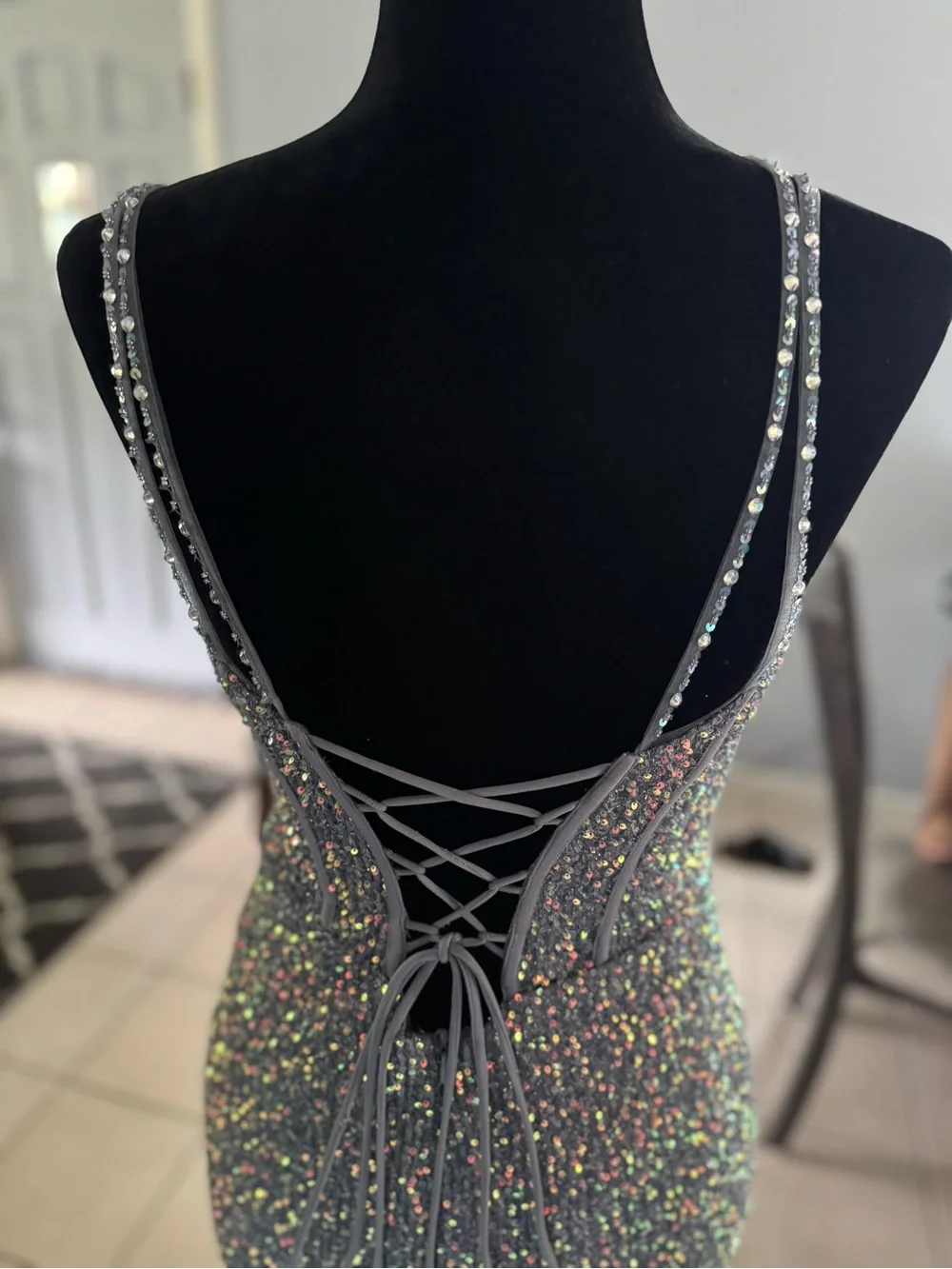 Cinderella Silver Sequin Beaded Corset Prom Gown with Thigh Slit